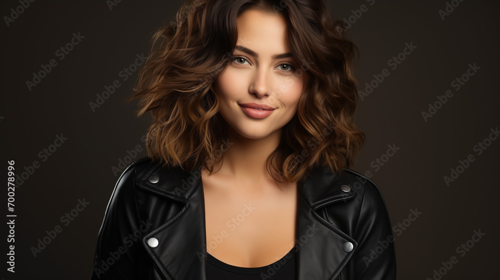 portrait of a woman, Cheerful chubby female model in black stylish wear in a studio portrait of a woman, Cheerful chubby female model in black stylish wear in a studio