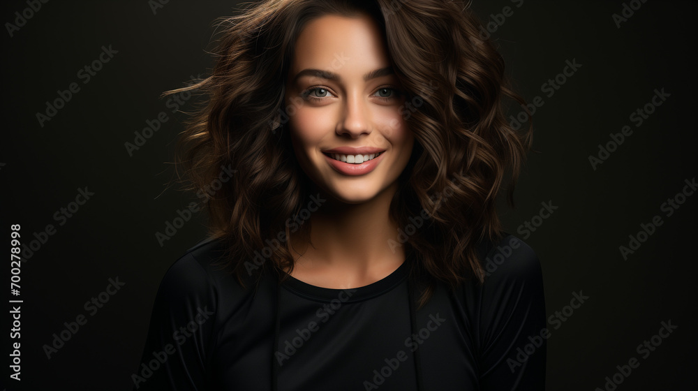 portrait of a woman, Cheerful chubby female model in black stylish wear in a studio portrait of a woman, Cheerful chubby female model in black stylish wear in a studio