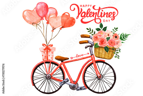 Valentine's day design. Pastel Orange cute bicycle gifts with flower and heart ballon. © Lisa_Wang