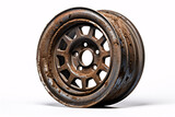 An aged, corroded wheel rim is displayed against a pristine white backdrop, complete with high-res imagery.