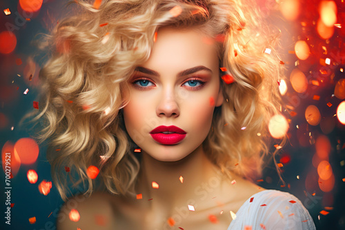 Beautiful blond young woman with bright makeup on flying confetti background.