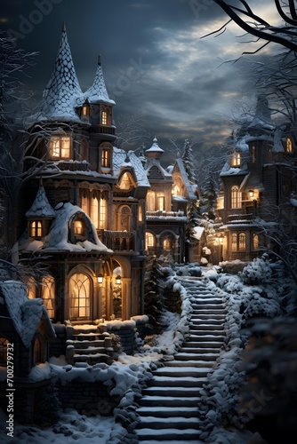 Winter fairy tale scene of a haunted castle with stairs and lanterns