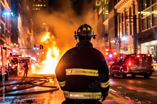 A firefighter stands ready against a backdrop of raging flames and emergency response vehicles, embodying courage and dedication.