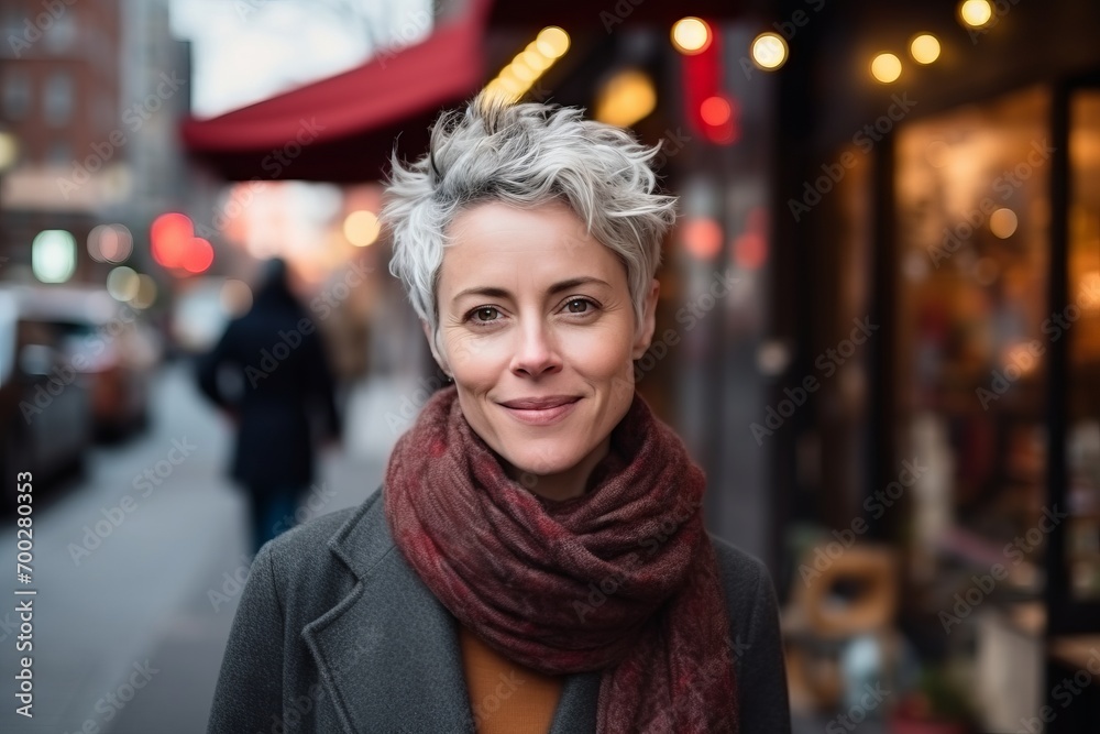 Portrait of a beautiful middle-aged woman with short gray hair and a red scarf on a city street