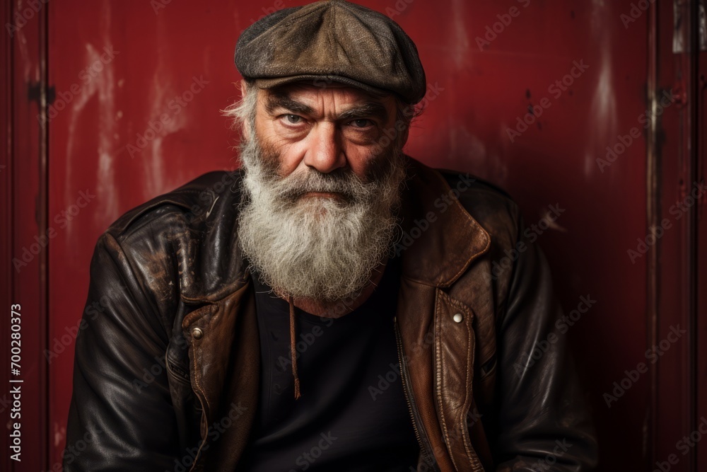 Portrait of an old man with a long white beard and a cap on a red background
