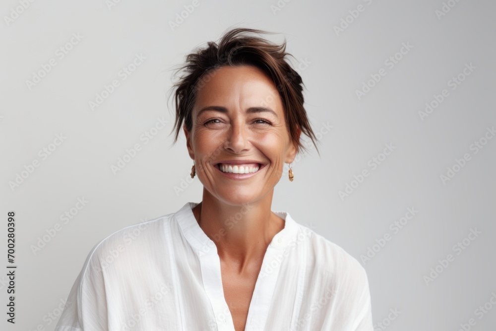 Portrait of a happy young woman smiling at camera against grey background Portrait of a happy young woman smiling at camera against grey background