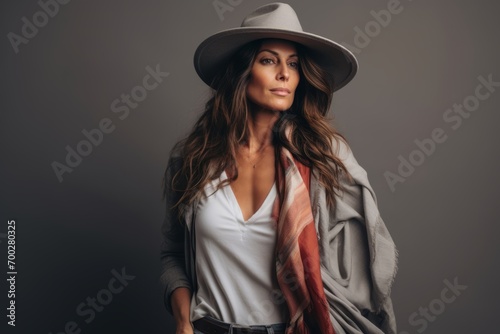 Attractive young woman in a hat and scarf. Studio shot.