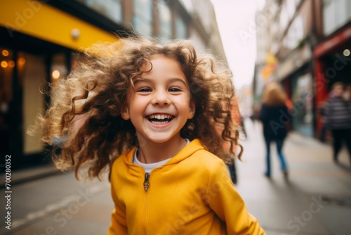 Portrait of a smiling little girl with curly hair in the city