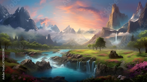 Panoramic view of beautiful landscape with mountains, river and forest