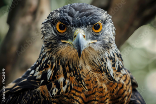 The intense gaze and intricate feather patterns of the Madagascar Serpent Eagle