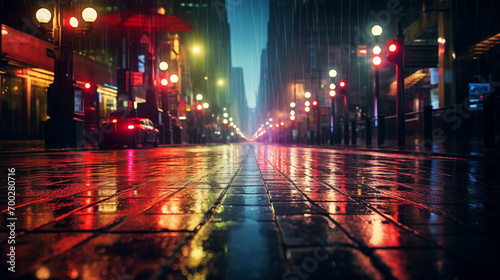 Rain at Night in the City - Colourful Background Rainy Street Scene with bright neon colors © tony