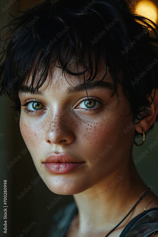 portrait d'une jeune femme brune aux cheveux très court coupe portrait d'une jeune femme brune aux cheveux très court coupe