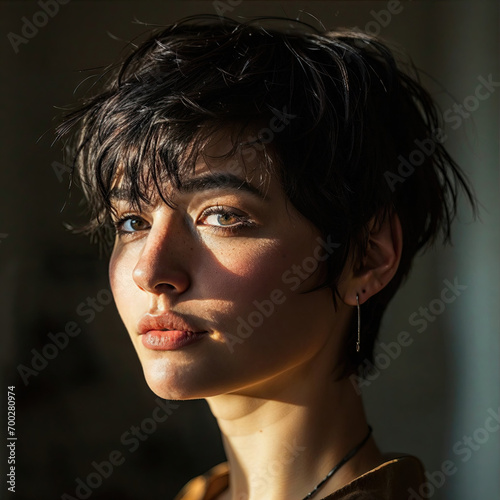 portrait d'une jeune femme brune aux cheveux très court coupe 