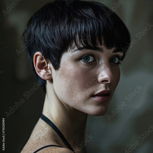 portrait d'une jeune femme brune aux cheveux très court coupe "à la garçonne"