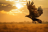 The Madagascar Serpent Eagle in flight against the backdrop of a dramatic sunrise over the savannah