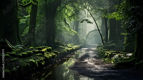 Pathway through the mysterious green forest. Panoramic image.