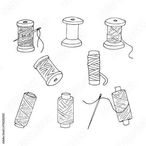 Spool of Thread and Sewing Needle set. Hand-drawn vector illustration isolated on a white background.