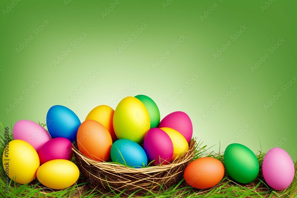 Easter eggs in basket with garland on green background vector illustration