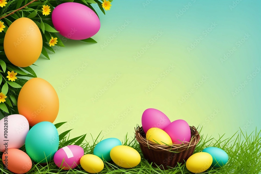 Easter eggs in basket with garland on green background vector illustration