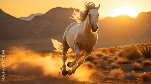 Majestic white horse galloping through wild dry landscape with sun settling down in the horizon photo