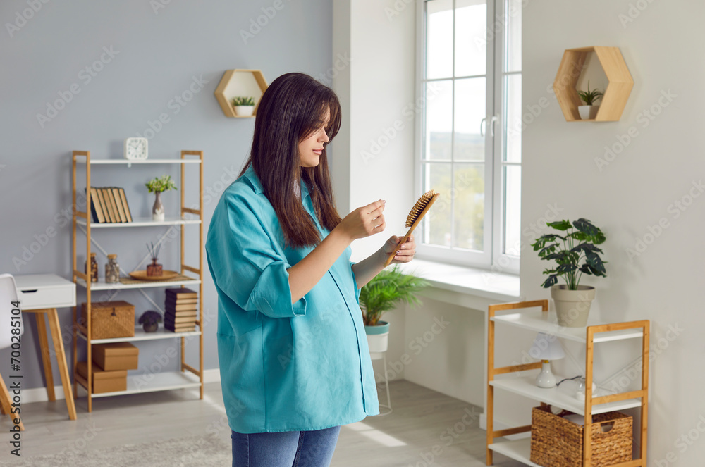 Fototapeta premium Upset young pregnant woman in casual clothes standing in living room at home and holding a comb with her hair falling out. Expectant girl worried about her health. Pregnancy and hair loss problems.