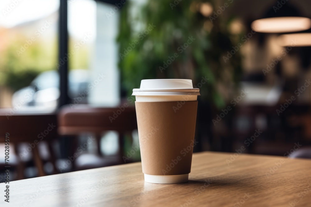 Paper takeaway coffee cup with a lid in a cafe on the wooden table Paper takeaway coffee cup with a lid in a cafe on the wooden table
