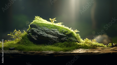 A stone with green moss on it