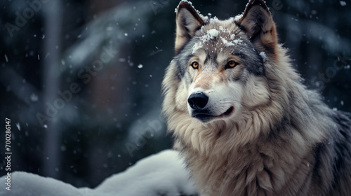 A wolf among the snow in the forest