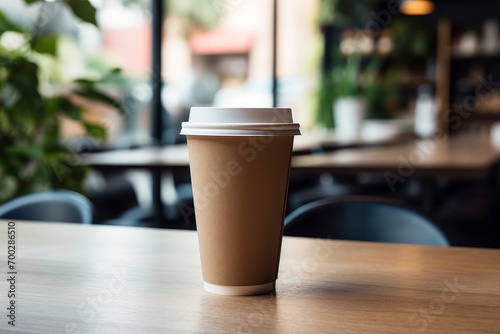 Paper takeaway coffee cup with a lid in a cafe on the wooden table