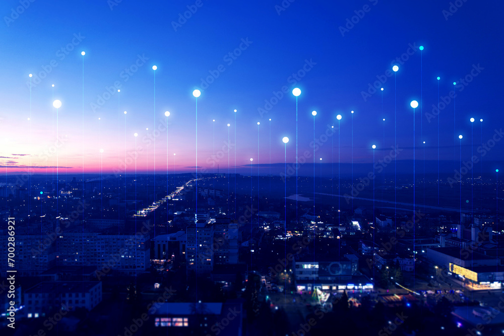Big data connection technology. Smart city and digital transformation.Telecommunication and communication network.