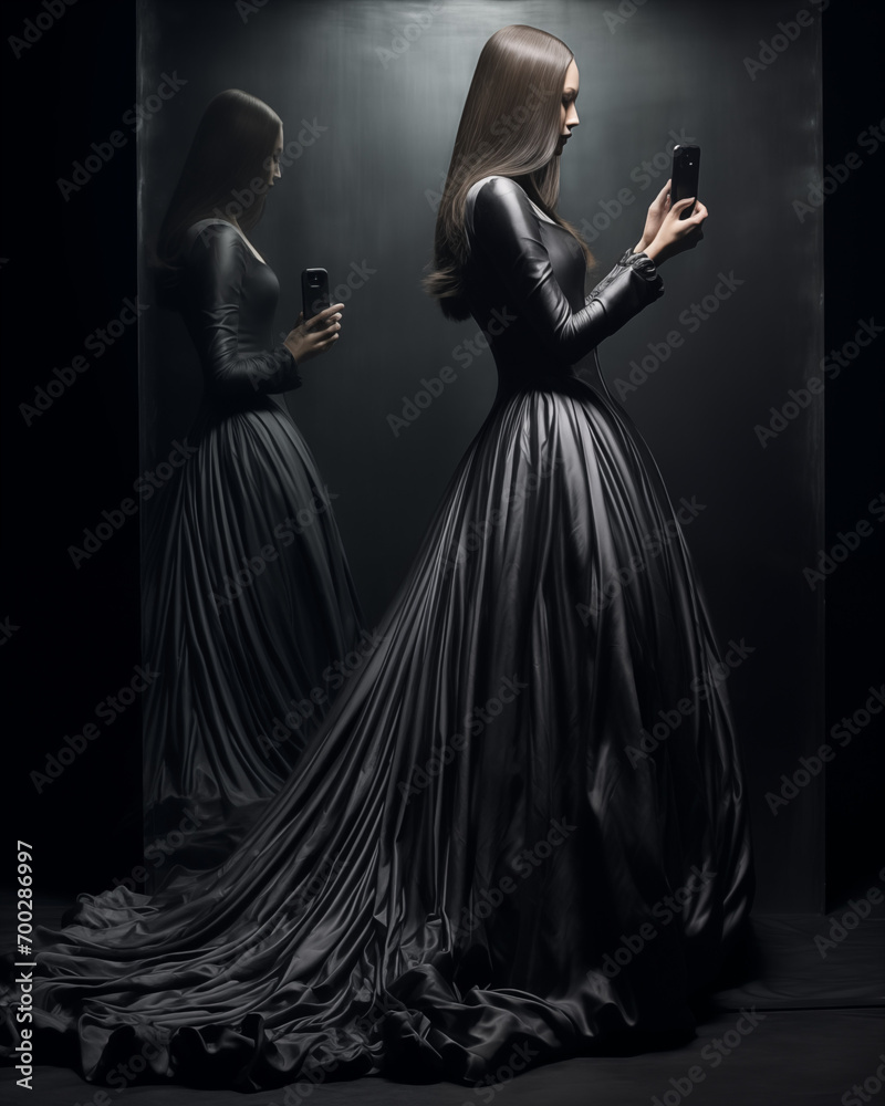 Girl in a dress taking a selfie in mirror