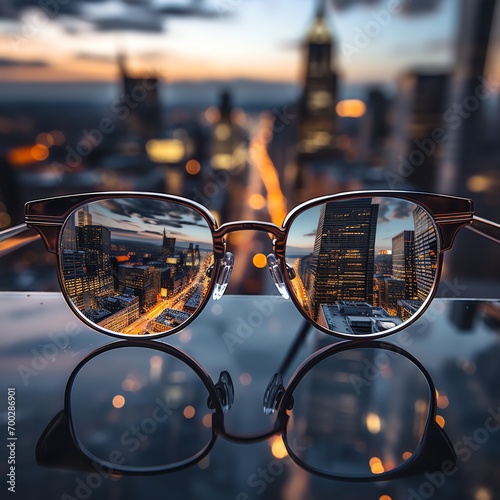 a pair of sunglasses with a city in the background