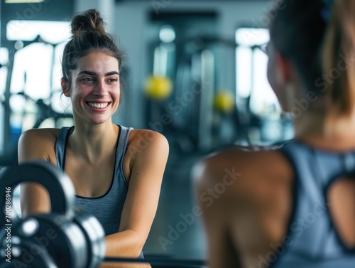 Mulher feliz e exausta depois de um treino na academia olhando para o espelho