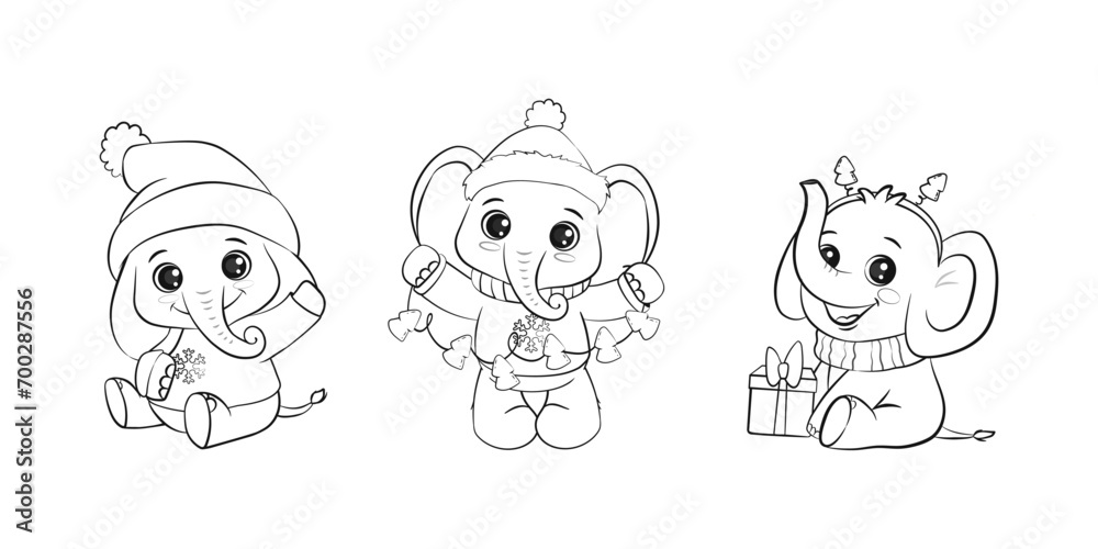 Christmas coloring book with elephants. Cute elephant in doodle style on a white background. Vector illustration