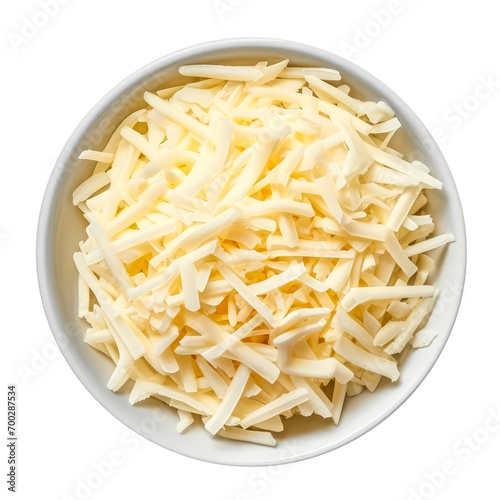 mozzarella cheese shredded in a white bowl top view isolated on a transparent background