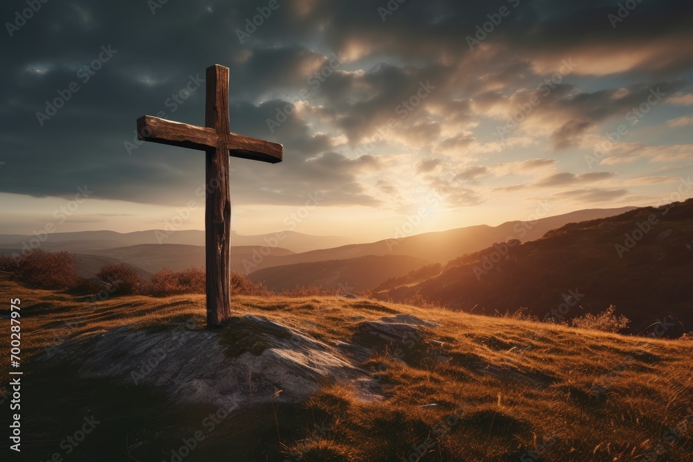Wooden Cross at Sunset on a Hill Wooden Cross at Sunset on a Hill