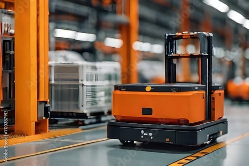 Automated Guided Vehicle in Industrial Environment. Autonomous AGV Transports Battery Pack on EV Production Line on Advanced Smart Factory. Electric Car Manufacturing. 