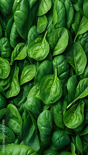 Fresh green spinach leaves, with water drops over it, closeup macro detail vertical banner. Generative AI