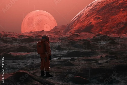 Astronaut observing mysterious reddish planet from a floating position. Generative AI photo