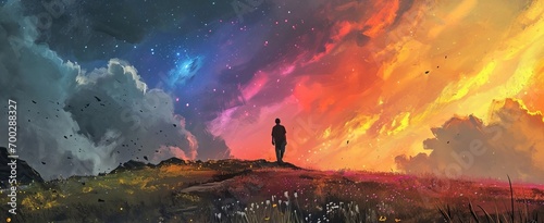 a lonely man against the background of a multicolored sky, the world. loneliness, eternity, the meaning of life concept