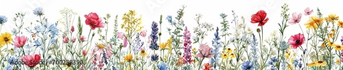 A watercolor painting of a vibrant field of wildflowers in full bloom on white background. representing the flowers grow in. © Olga