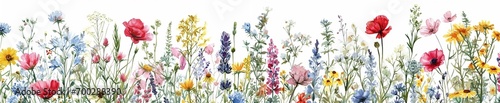 A watercolor painting of a vibrant field of wildflowers in full bloom on white background. representing the flowers grow in.