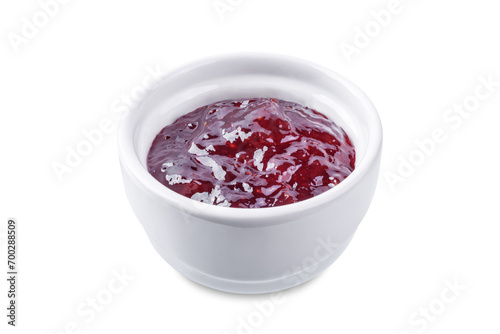 Raspberry sweet confiture in a bowl on a white isolated background