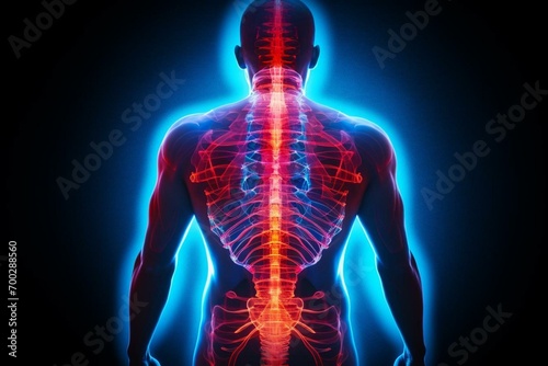 Neon artwork depicting back pain in 3D. Generative AI