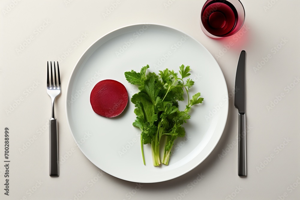 Beauty in simplicity: one piece of fresh beets on a white plate with cutlery, top view Beauty in simplicity: one piece of fresh beets on a white plate with cutlery, top view