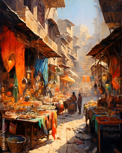 Digital painting of a street market in Essaouria, Morocco © Iman
