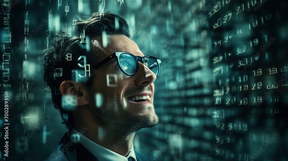 Binary digits flowing in front of man with glass, developer man, cinematic profile, happy man, Showing the programming codes in front of the man Binary digits flowing in front of man with glass, developer man, cinematic profile, happy man, Showing the programming codes in front of the man