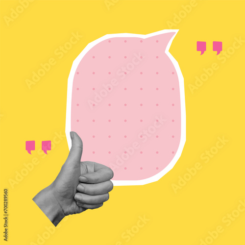 Card with cut out hand and speech bubble. Empty space for quote, plan and idea. Social media communication.