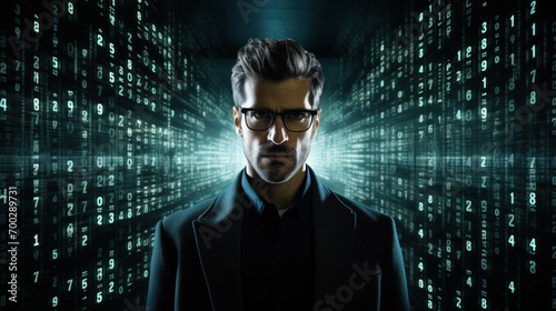 Binary digits flowing in front of man with glass, developer man, cinematic profile, happy man, Showing the programming codes in front of the man