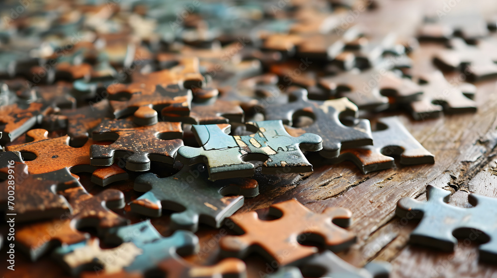 Unfinished Jigsaw Puzzle Pieces on Wooden Table Concept of Challenge and Solution Unfinished Jigsaw Puzzle Pieces on Wooden Table Concept of Challenge and Solution